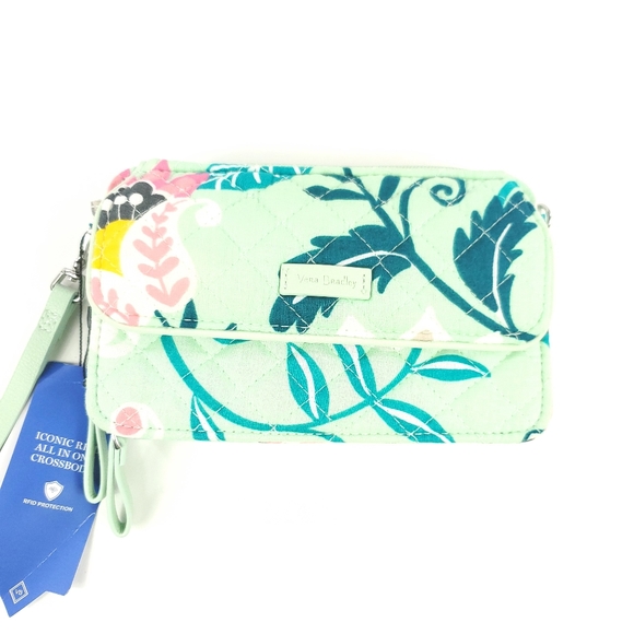Vera Bradley All In One Crossbody Bag Mint Flower - Picture 1 of 6